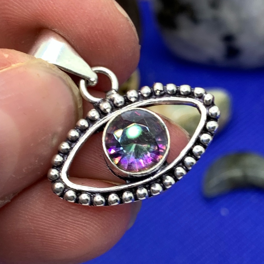 Mystic Topaz Lucky “Evil Eye” Pendant! .925 Sterling Silver Overlay, Handmade! - Picture 5 of 16
